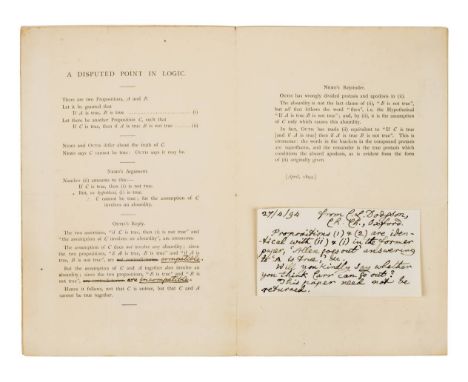 [Dodgson, Charles Lutwidge, 1832-1898]. A Disputed Point in Logic, [April 1894], printed bifolium with outer pages blank, dro