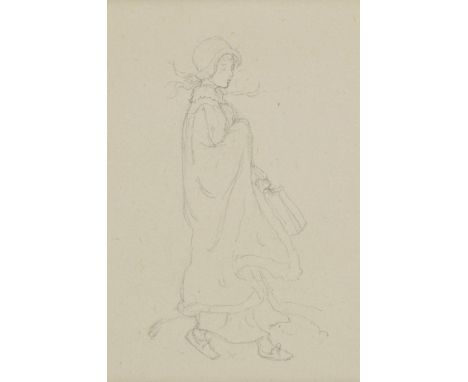 *Greenaway (Kate, 1846-1901). A drawing of a young lady, pencil on paper, showing a girl in a bonnet and cloak, 10 x 6.5cm (4