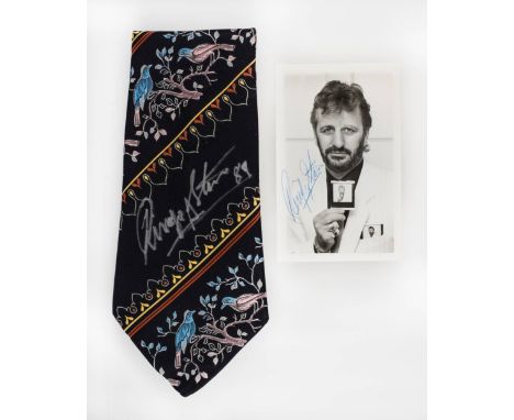 *Starr (Ringo, born 1940). Signed photograph, 3 copies, 1980s,  a stock postcard-size photograph of Ringo Starr holding a Pol