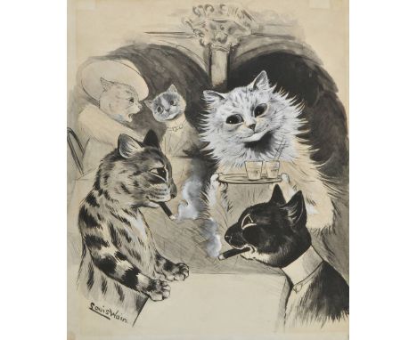 *Wain (Louis, 1860-1939). A gathering at Florian's,  pen and ink with monochrome wash and body over pencil, signed lower left