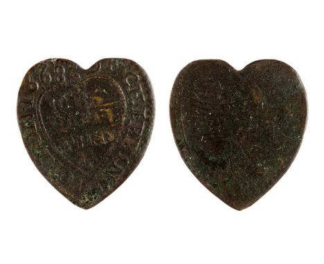 *Chipping Norton. 'E. R.' (Edmond Rowlright), Heart-shaped halfpenny, 1668,  Obverse: On left, roll of tobacco; on right, kni