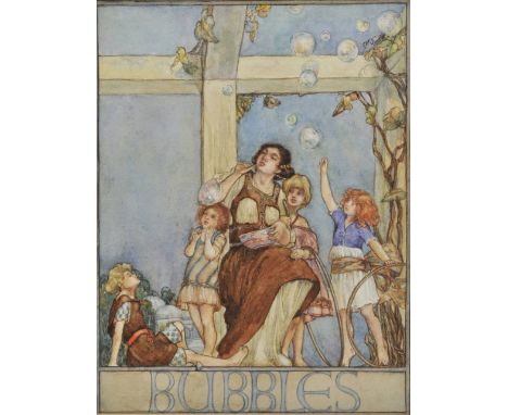 *Rice Oxley (Margaret, 1888-1968). Bubbles, watercolour, showing a young lady wearing a long gown seated beneath a pergola, h