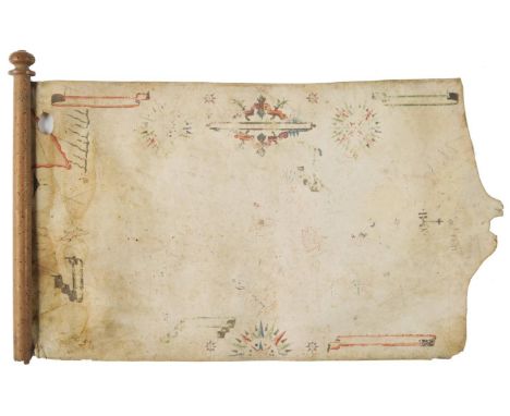 Portolan chart (n). A chart of the Mediterranean, circa 1550, ink and gouache manuscript map on vellum, compass rose and nume