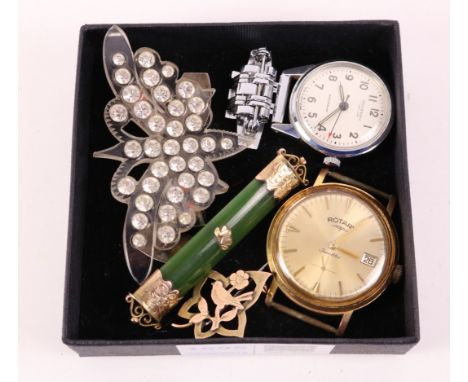 Gold mounted jade brooch, gold bird brooch stamped 9ct, one other, a gentleman's Rotary wristwatch, nurse's Ingersoll watch a