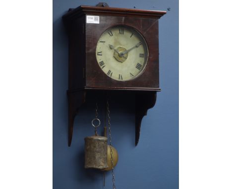 Georgian mahogany hooded wall postmans alarm clock, circular enamel dial with centre alarm dial, 30-hour movement, H43cm