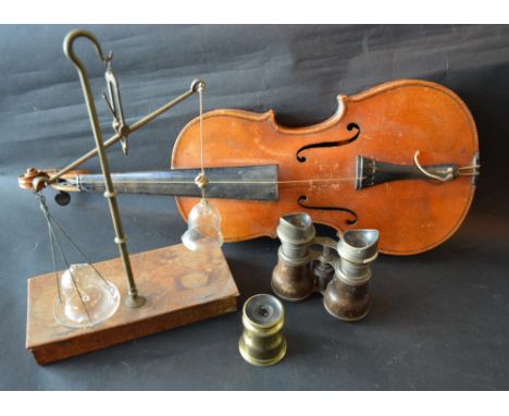 A Violin with Two Piece Back and Ebony Fret Board, together with a pair of balance scales, a brass minocular and a pair of op