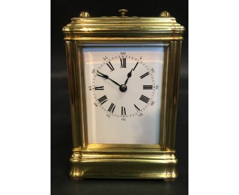 Drocourt of Paris, a Gorge Cased Petite Sommerie Brass Cased Carriage Clock, the enamel dial with Roman and Arabic numerals a