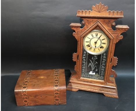 A Parquetry Inlaid Walnut Victorian Work Box, together with an American mantle clock 
