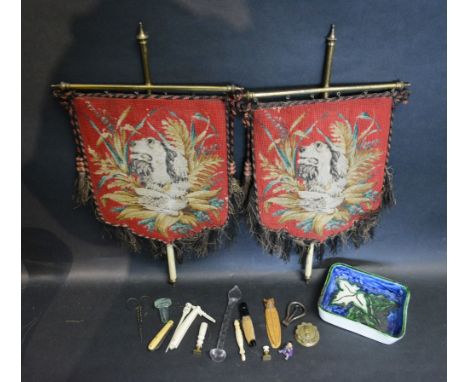 A Pair of Tapestry Small Wall Hangings, together with a small collection of ivory sewing instruments and other items