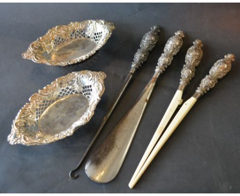 A Pair of Chester Silver Bon Bon Dishes of Pierced Form, together with a pair of 19th Century silver handled and ivory glove 