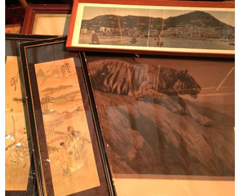 A Large Monochrome Print 'The Watcher On The Hill' together with a pair of Chinese kimono sleeves and a coloured print of Hon