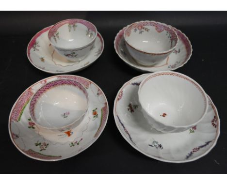 An 18th Century English Porcelain Tea Bowl and Saucer, together with three other similar English porcelain tea bowls and sauc