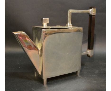 A Silver Plated Teapot after Christopher Dresser with square wooden handle and of stylised form, 16 cms tall