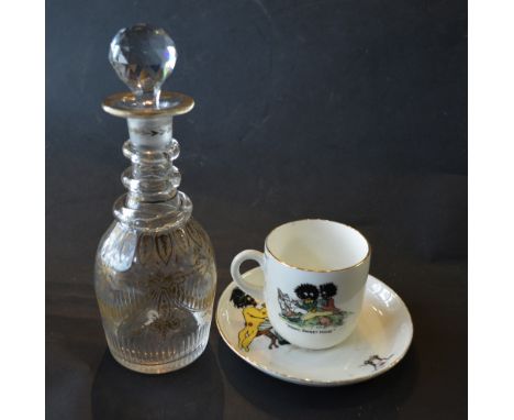 A Georgian Gilt Decorated Decanter together with a commemorative cup and saucer 'Home Sweet Home'