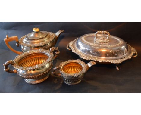 A William IV Silver Plated Three Piece Tea Service comprising teapot, cream jug and two handled sucrier together with an entr