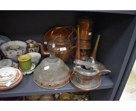 A selection of copper wares including stove spirit and similar kettles also hunting horn