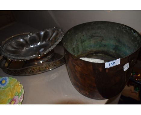 A pierced gallery tray with similar fruit bowl and a copper planter