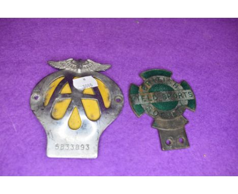 Two motor car radiator engine badges one for AA and British Field Sports society