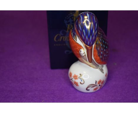 A ceramic Royal Crown Derby paper weight or figure of a Kingfisher having gold stopper and box