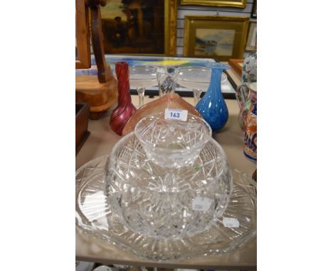 A selection of clear cut crystal and art glass wares including mottled bowl and a pair of footed tazza