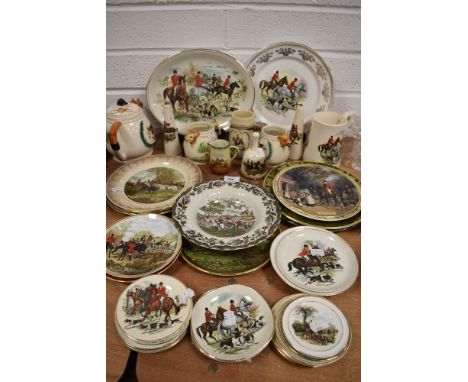 A selection of fox hunting and game sport ceramics including Sadler teapot and similar plates