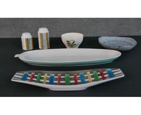 A collection of mid century ceramics, including a Glyn Colledge, Bourne Denby serving dish with colourful woven design, a Poo