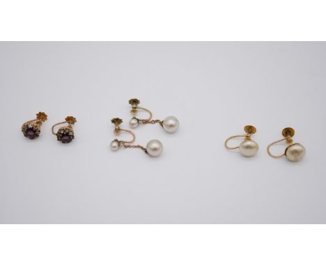 Three pairs of 9ct gold antique earrings, including a pair of 9ct rose gold paste set cluster earrings with screw backs, a pa