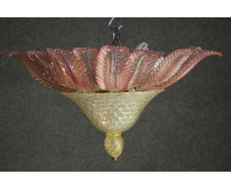 A Venetian hand blown glass ceiling light, with pink glass leaves over a bowl shaped body and wrythen finial, all enclosing f