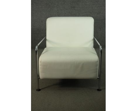 R T Design for Viccarbe, a contemporary Colubi lounge chair, with a tubular chromed frame, and white leather back and seat, b
