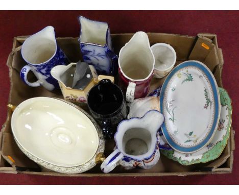 A box of ceramics to include blue &amp; white transfer decorated jugs, and a Victorian Spode plate, hand painted with flowers