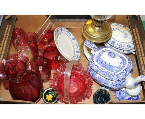 A box of mixed effects to include Victorian cranberry glassware, blue and white wares to include Spode Italian design teapot 