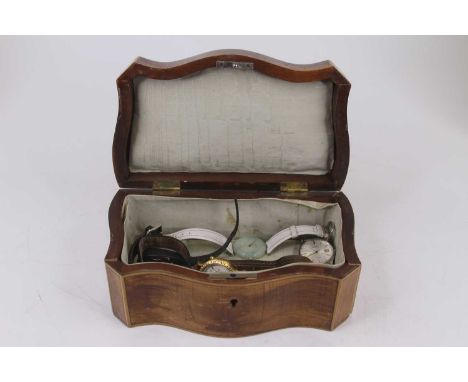 A stained wooden box, of serpentine form, painted with swags and bows, containing various wristwatches to include Citizen chr