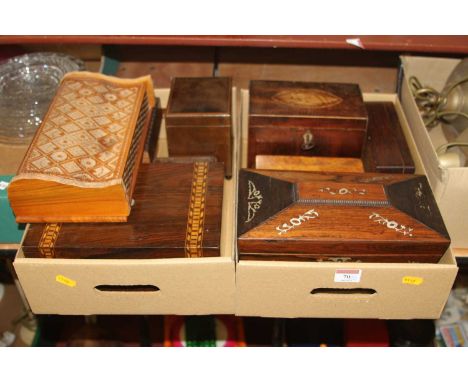 A George III mahogany and boxwood strung tea caddy; together with an early Victorian rosewood and mother of pearl inlaid sarc