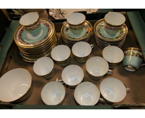 A collection of Cauldon early 20th century teacups, saucers and dessert platesSome wear to decoration, particularly around th