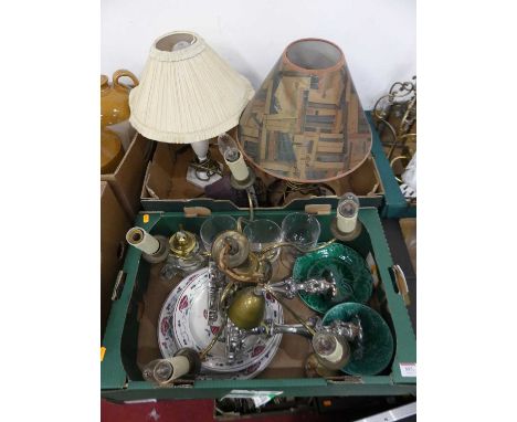 Three boxes of sundry principally contemporary lighting, to include table lamps, brass wall lights etc 