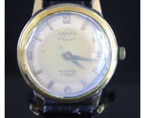 A gent's Enicar Ultrasonic gold plated cased wristwatch, the signed circular dial with raised Arabic numerals and baton marke