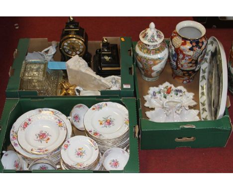 Three boxes of glassware, ceramics, and other items, to include Spode dinnerwares, continental black and gilt lacquer mantel 