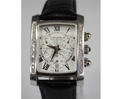A gent's Pierre Balmain steel cased quartz chronograph, having a signed tank dial with triple subsidiary dials, date aperture