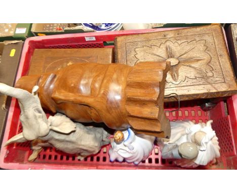 A box of miscellaneous effects to include Eastern carved teak wall mask, carved oak stool, inlaid box, Nao figurine etc 