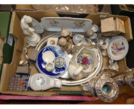 A box of mixed effects to include silver plated twin handled tray, similar candelabra, resin ornaments, Goss china etc