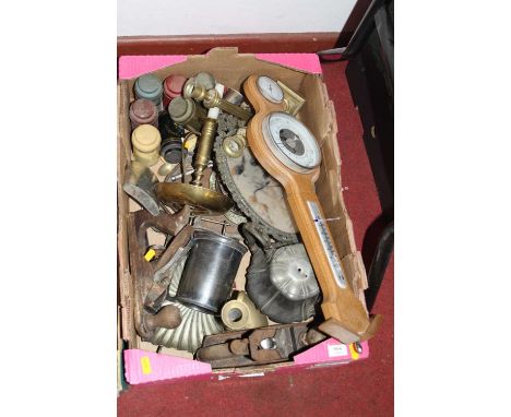 A box of sundry metalware to include a pair of candlesticks, chamberstick, Stanley plane, aneroid barometer etc 