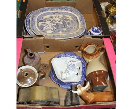 Two boxes of mixed effects to include sundry blue and white meat plates, silver plated mantel clock, cow creamer, harvest jug