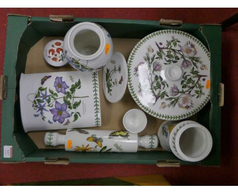 A box of Portmeirion Botanic Garden tablewares to include vases, and a rolling pin