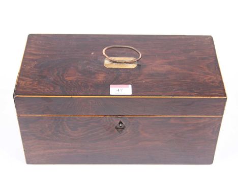 An early 19th century partridge wood and boxwood strung tea caddy, of rectangular form, the hinged lid opening to reveal twin
