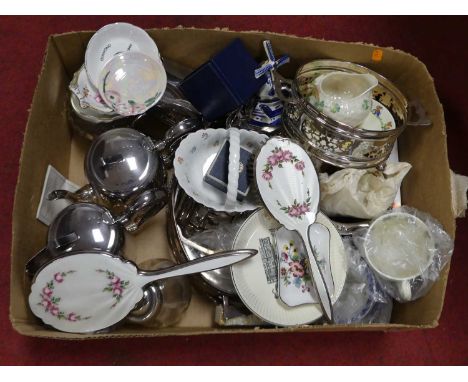 A box of ceramics and other items to include Belleek, Ridgeways, and Spode