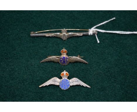 A silver RAF bar brooch, 57mm;&nbsp;together with two silver and enamel sweetheart brooches, (3). 