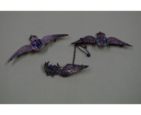 A silver and enamel RAF air Gunner sweetheart brooch, 38mm; together with another silver and enamel RAF brooch, 57mm; and a e