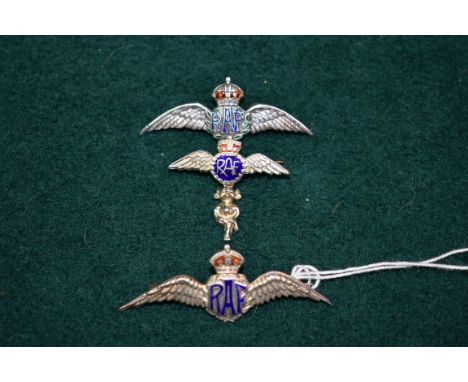 Three silver and enamel RAF sweetheart pins,&nbsp;one having pixie charm attached, largest 53mm, (3). 