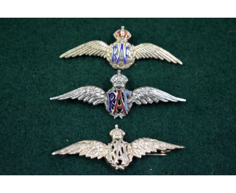 A silver and enamel RAF sweetheart brooch; together with a silver example; and a RAF metal example, largest 62mm, (3). 