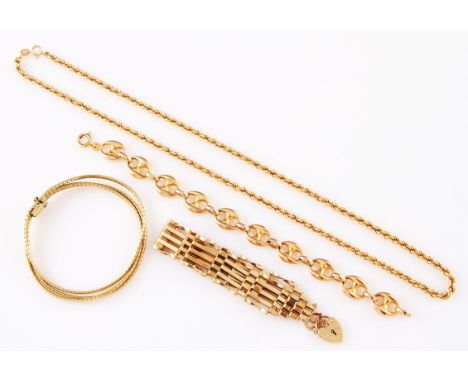 A 9ct yellow gold articulated link three chain bracelet, with box clasp, stamped with London import mark for 1977, a 9ct yell